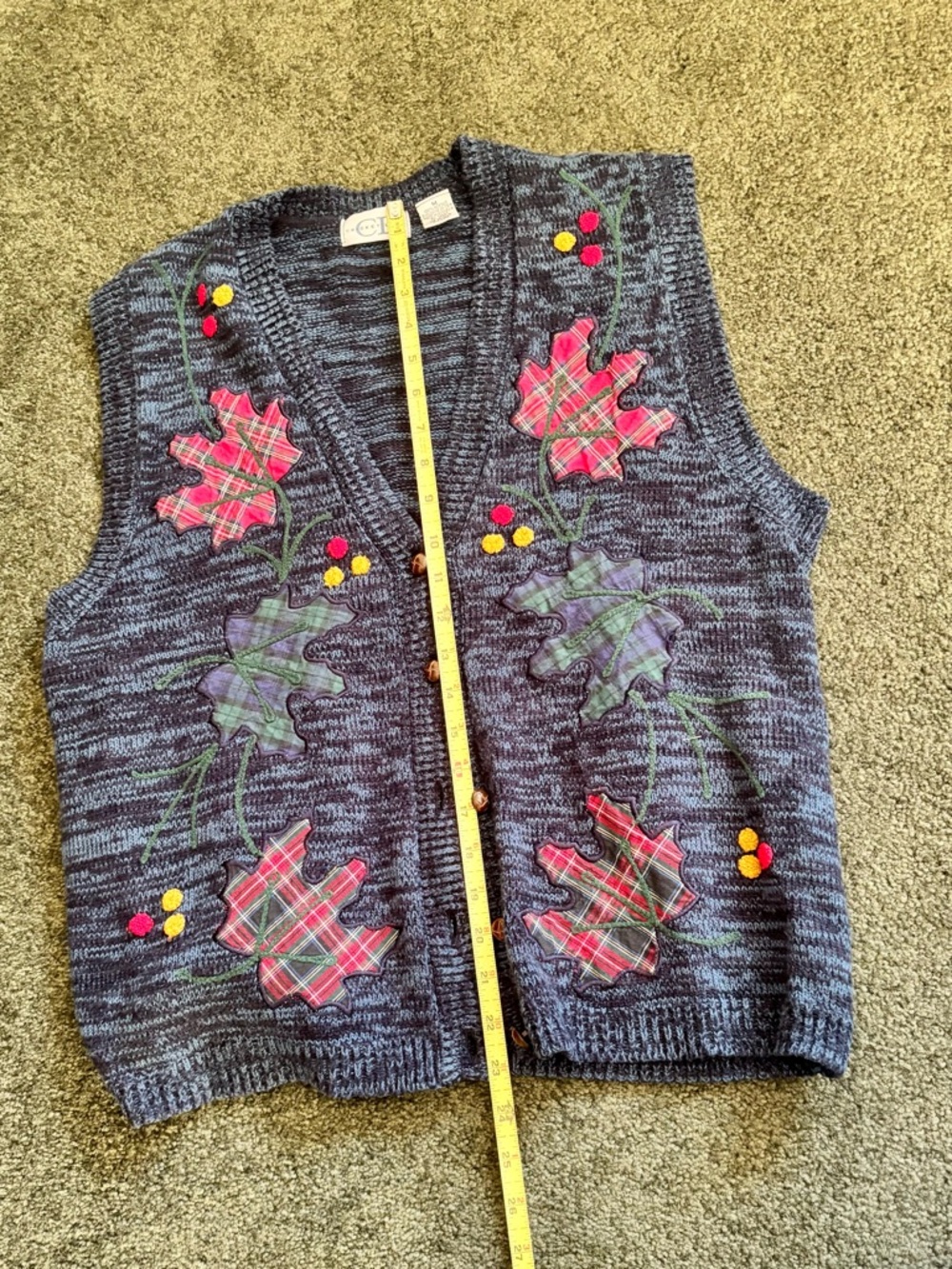 Cricket Lane Sz M Oversized Button-Front Autumn Leaves Knit Vest - Heather Blue - Picture 6 of 8
